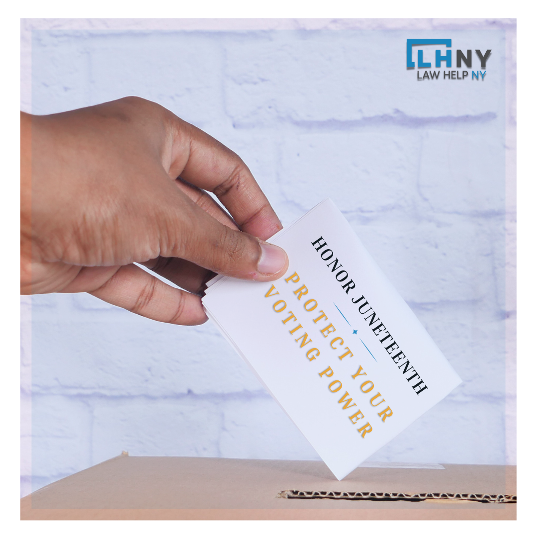 A hand places a card into a brown cardboard ballot box. The card reads "Honor Juneteenth. Protect Your Voting Power